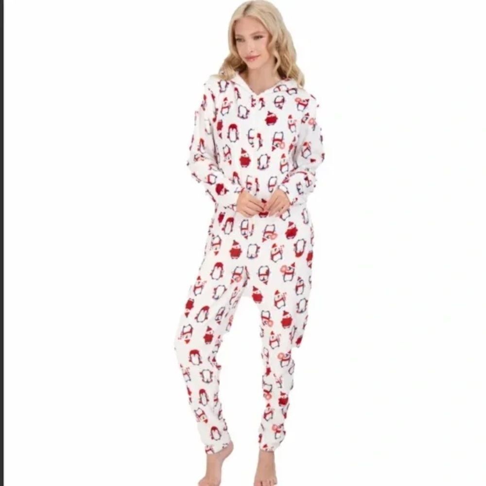One-piece Fleece Hooded Pajamas NYC Underground White and Red L/XL